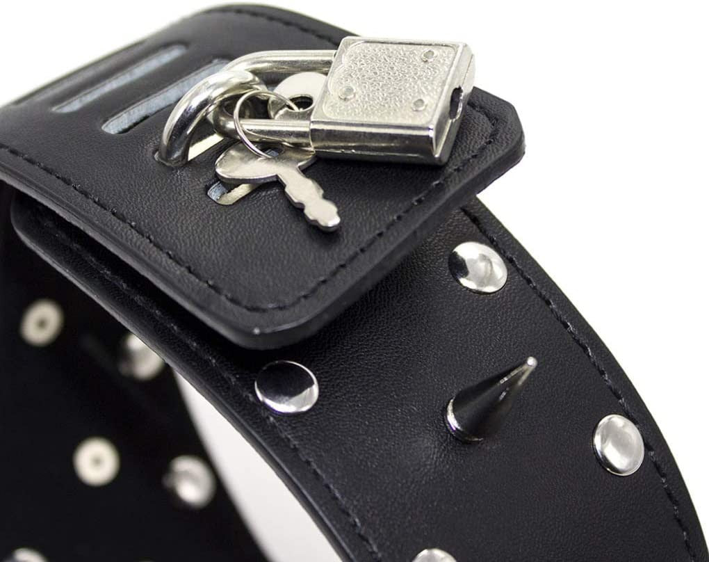Imperium Lock - Collare in ecopelle borchiato con guinzaglio e lucchetto